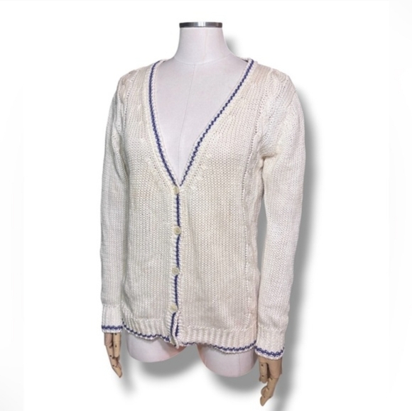 CHRISTIAN DIOR Ivory Knit Linen Blend Cardigan Purple Accent Line VINTAGE